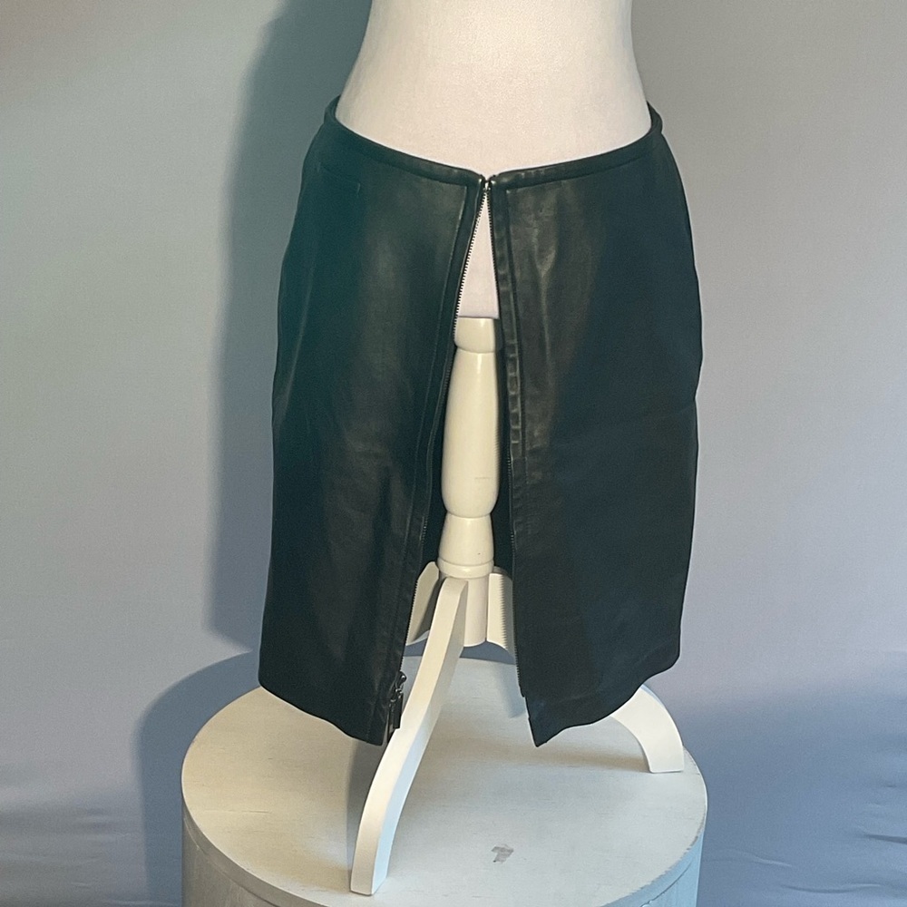 Express Genuine Leather Skirt 7/8 Black Midi Zip Front 2-Way Zipper - Picture 7 of 16